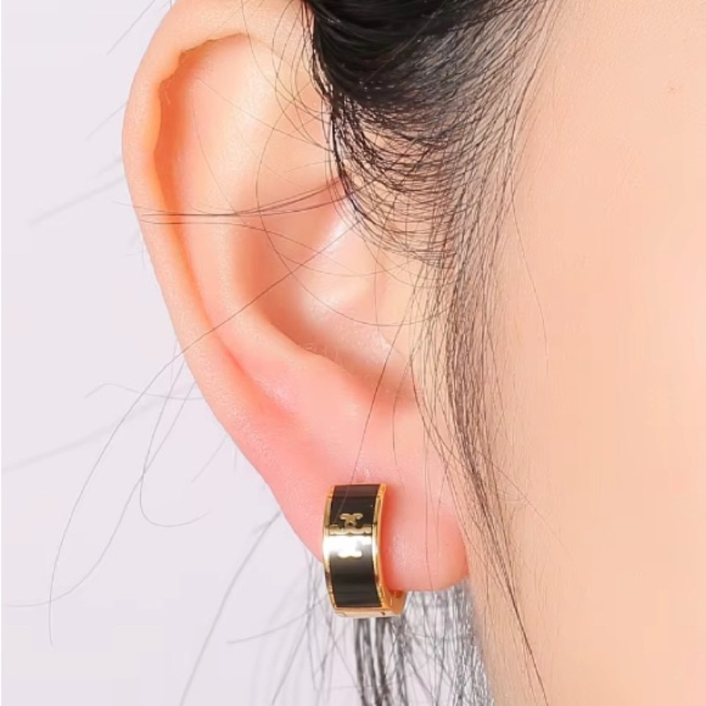 TORY BURCH GOLD & BLACK LOGO HUGGIE HOOP EARRINGS - Picture 4 of 4